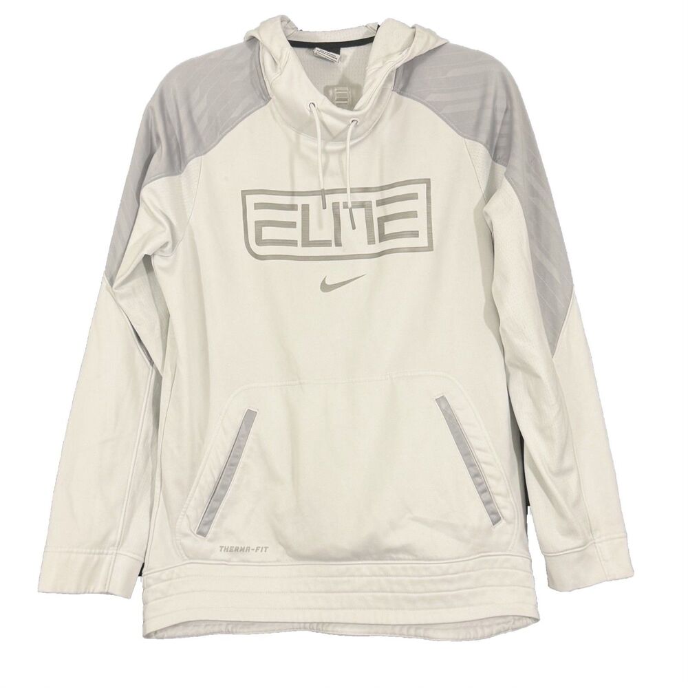 NIKE Elite Therma-FIT Basketball Hoodie S White Gray Elite Logo Kangaroo EUC B86